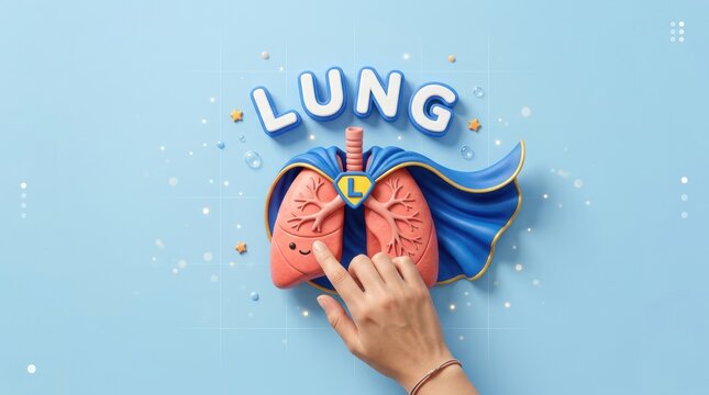 A hand holding a lung organ with trachea and bronchi on a light blue background with illustrations