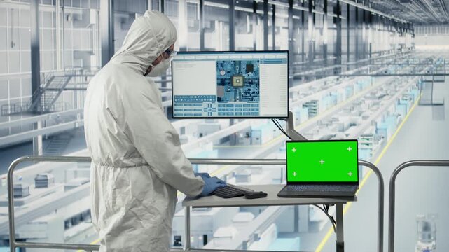 Isolated screen laptop, preventing downtime and engineer reviewing microchip factory diagnostics. Doing quality control, chroma key notebook and expert studying semiconductor plant data, camera A