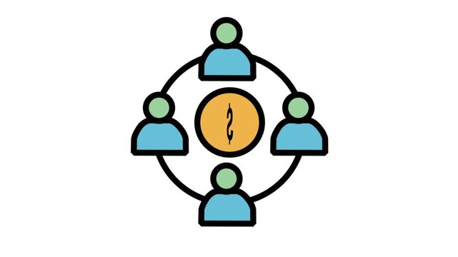 Team circle with a dollar coin in the center representing shared profit, financial collaboration, crowdfunding, and team-based investment strategies.