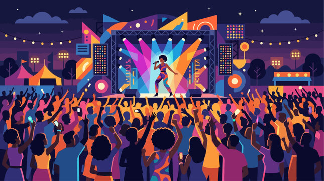 This flat design illustration captures the vibrant energy of a live music concert at the Essence Festival, showcasing a diverse audience enjoying a minimalist stage performance.