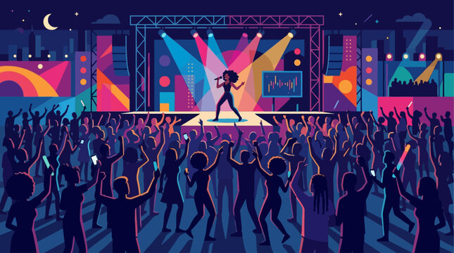 This flat design illustration captures the vibrant energy of a live music concert at the Essence Festival, showcasing a diverse audience enjoying a minimalist stage performance.