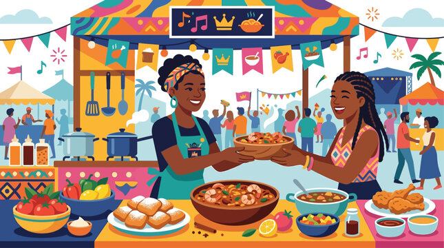 This flat design depicts a joyful culinary experience at the Essence Festival, with a vendor serving delicious food to a happy customer.