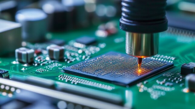 Automated precision probe illuminates glowing BGA microchip on green PCB. Semiconductor testing, high-tech electronics manufacturing, assembly. Microelectronics, Robotics