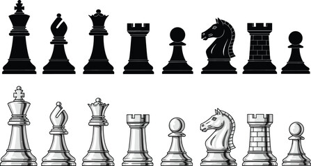 Chess Piece Icon Set Featuring King Queen Bishop Knight Rook and Pawn in Black Silhouette and Metallic Style Vector Illustration for Board Game Design. © Nasima