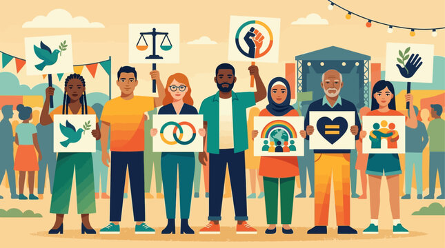This flat design illustrates diverse individuals advocating for social justice and equality at the Essence Festival, standing united with symbolic signs.