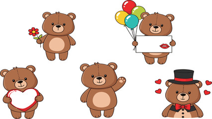 Fototapeta premium Cute Teddy Bear Character Set with Balloons Heart Flower Love Letter and Romantic Elements in Cartoon Style Vector Illustration for Valentine Greeting and Kids Designs.