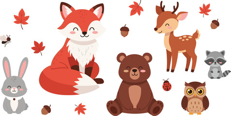 Fototapeta premium Cute Woodland Animal Set Featuring Fox Deer Bear Rabbit Owl and Raccoon with Autumn Leaves in Cartoon Style Vector Illustration for Kids and Seasonal Designs.
