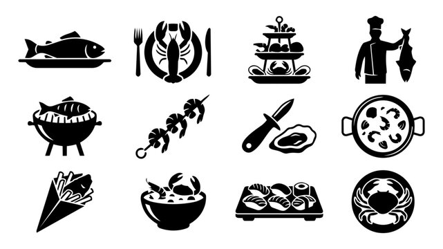 Seafood Restaurant Icons &ndash; Fish Dishes, Lobster Dining and Seafood Kitchen Silhouettes