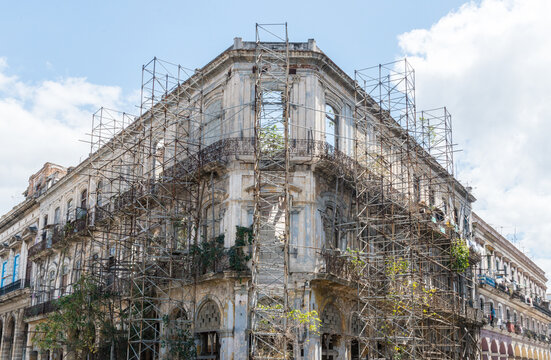 Cuba, Cienfuego.  Old historic building undergoing repairs.