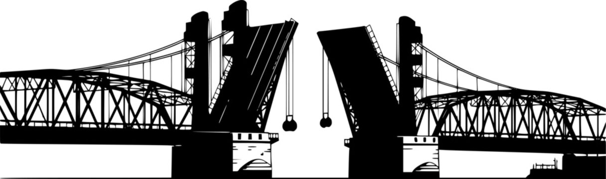 Silhouette of a boat passing under a bascule bridge isolated on white background
