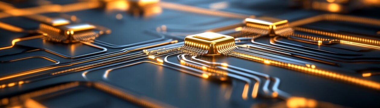 Close-up of golden, glowing microchips and illuminated circuit traces on a dark board, embodying advanced AI, computing and digital innovation. ,Technology, Data