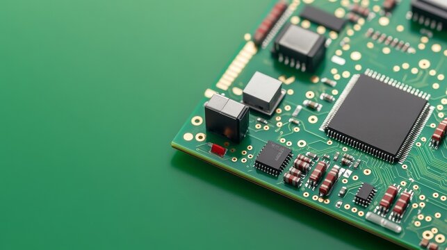 Diagonal close-up of a vibrant green circuit board packed with microchips and various electronic components, set against a matching background. Illustrates modern hardware engineering
