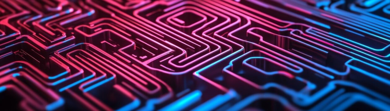 Digital Labyrinth Intricate Neon Pink and Blue Circuit Lines Forming an Abstract Network, Representing AI Processing and Data Flow. Futuristic, Technology, AI, Data