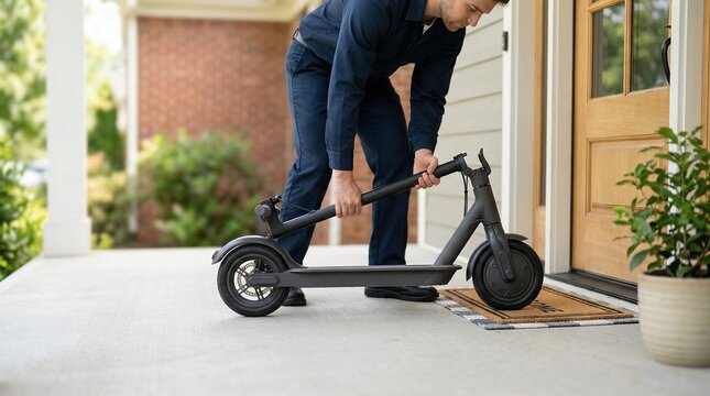 Delivery person placing a compact folding electric scooter at the doorstep of a suburban house the scooter crisp in focus while the porch fades gently behind.