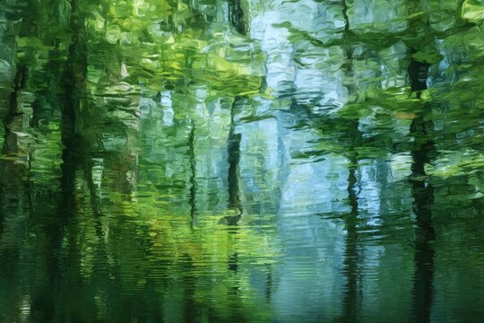 Abstract reflection of lush green trees in rippling water