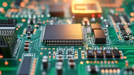 Fototapeta premium Dynamic close-up of a glowing green circuit board, focus on a central microchip with vibrant orange light. Symbolizes modern computing, data flow and future tech. Digital, AI.,
