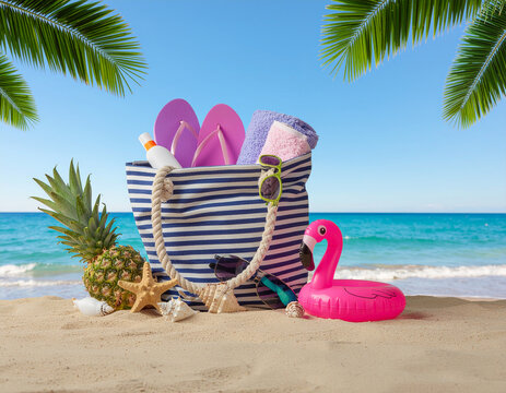 Summer Beach Bag with Pineapple and Flamingo.