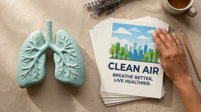 A hand rests on a stack of clean air brochures next to a lung model and coffee.