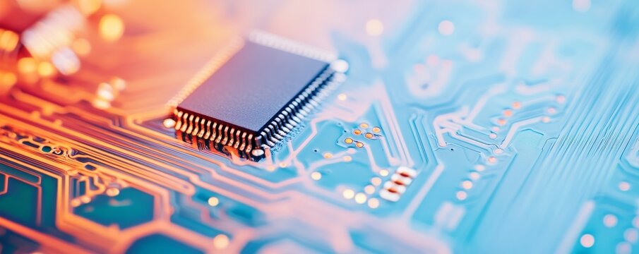 Dynamic macro A black microchip on a glowing orange-blue PCB, representing core electronic innovation and digital future. semiconductor, microelectronics