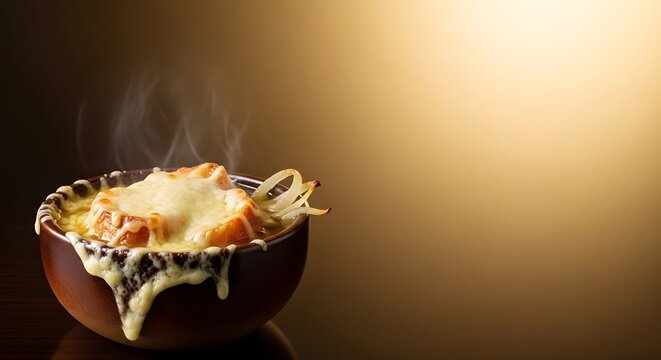 Steaming French onion soup with caramelized onions melted cheese and toasted bread in rustic bowl
