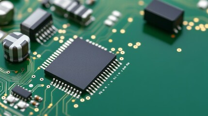Obraz premium Intricate close-up of a green PCB's central black microchip surrounded by blurred components, highlighting modern electronics, computing and integrated circuit technology.