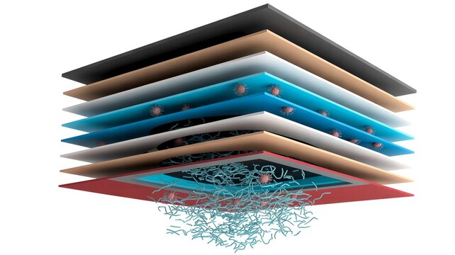 Detailed cross-section illustration shows layers of a protective face mask filtering out airborne viruses and bacteria.
