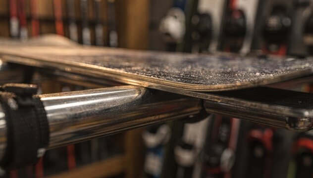 Snowboard edges captured in clear detail under soft evening lighting while blurred ski poles and racks create a tranquil rental shop mood.