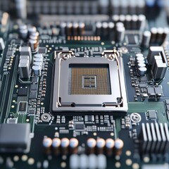 Fototapeta premium Macro shot CPU socket's intricate golden pins on a dark motherboard, symbolizing computing's core, microelectronics and digital future. Processor, Hardware