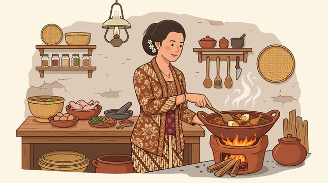 Vector illustration of Javanese woman cooking gudeg in a traditional kitchen, wearing kebaya, preparing local cuisine, showcasing Indonesian culture and culinary heritage in flat design.