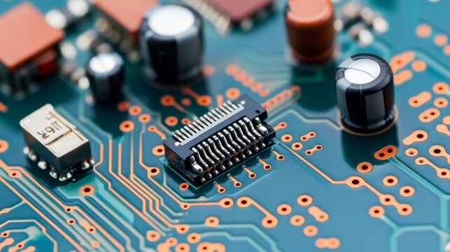 Macro shot of a teal circuit board with orange traces, highlighting a central FPC connector, capacitors and SMD components. Represents electronics, hardware and modern tech.