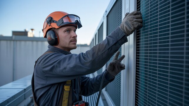 Skilled worker inspecting and maintaining large industrial air conditioning unit on a rooftop during daytime.