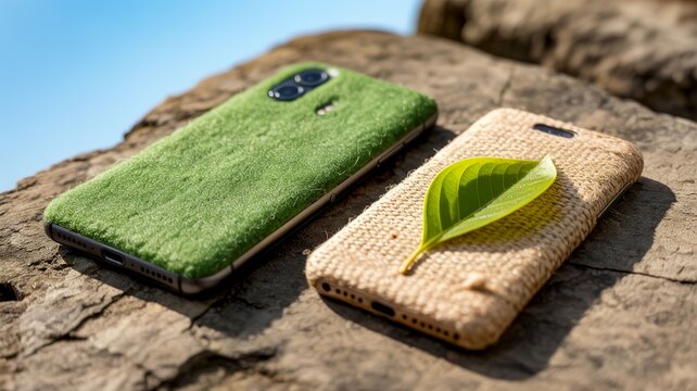 Eco-friendly phone cases with natural textures rest on a rocky surface under a bright blue sky.