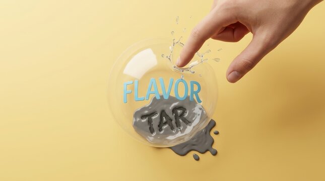 A hand touches a flavor tar on a yellow surface with a splash.