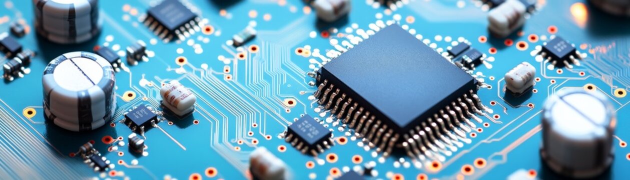 Macro view of a vibrant blue PCB, featuring a central processor chip surrounded by ICs, capacitors and traces. High-tech electronics for digital innovation and AI. Hardware, Computing