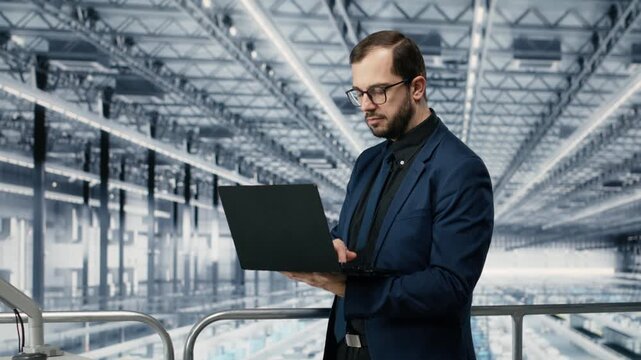 Man reviews microchip factory equipment diagnostic readouts to prevent costly downtime. Manager studies operational data, doing quality control on semiconductor manufacturing plant, camera B