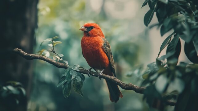 Red bird perched on branch in lush foliage