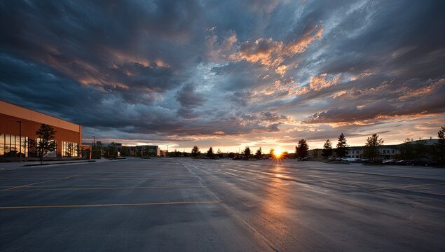 A vast, empty parking lot reflects a dramatic sunset with colorful clouds