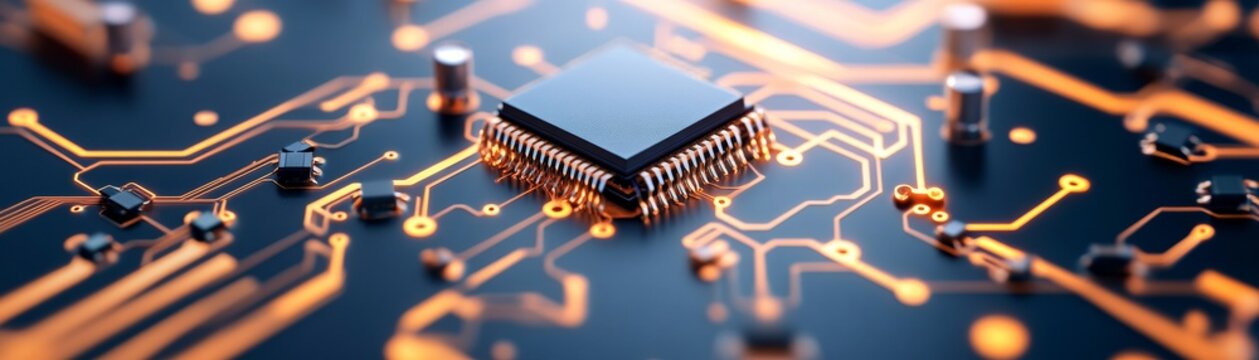 Vibrant close-up of a central microchip on a dark PCB, illuminated by glowing orange circuit traces. Represents advanced computing, AI processing and future tech innovation.,
