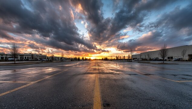 Wet, empty lot with dramatic, sunlit clouds at sunset