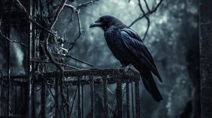 Obraz premium Raven perched on a weathered cage in a dark, overgrown forest