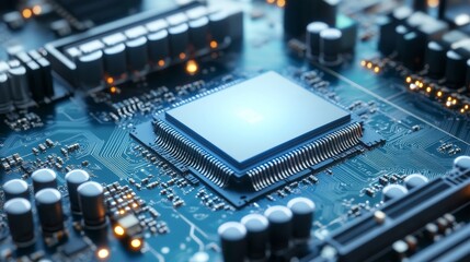 Fototapeta premium Vibrant close-up of a radiant microchip on a blue circuit board, intricate electronic components and glowing data paths embody AI, computing and high-tech progress. processor,