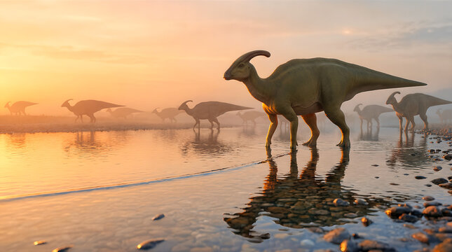 Parasaurolophus herd crossing a misty river at sunrise. Prehistoric dinosaurs in golden morning light. Wildlife migration concept