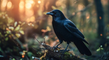 Obraz premium Raven perched on a log, golden hour light