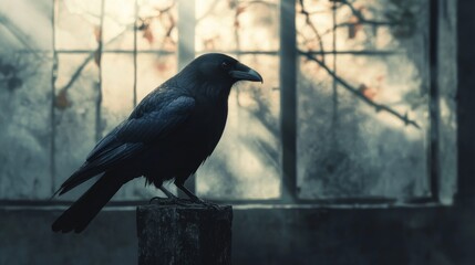 Obraz premium Raven perched on a weathered post by a window