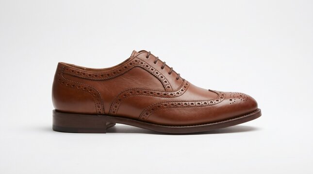 Classic brown brogue shoes with decorative perforations isolated on white background, featuring soft lighting and elegant formal style.
