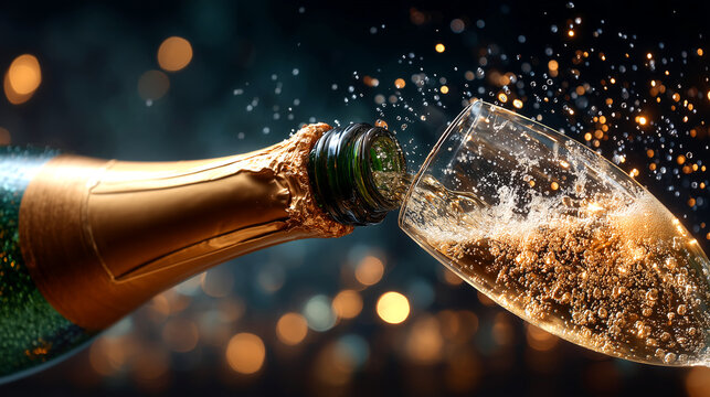 Champagne Toast and Celebration: Sparkling Wine Pouring into Glass