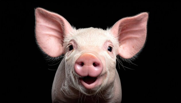 Close up portrait of a cheerful pig with big ears against a dark background
