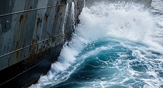 Ship hull cutting through rough ocean waves with spray and foam