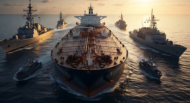 Naval fleet escorting a large cargo ship at sunset on the ocean