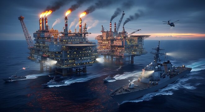 Offshore oil rigs with naval escort and helicopter at dusk